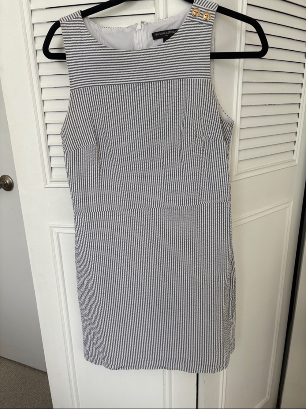 Banana Republic Navy & White Striped Sheath Dress with Shoulder Buttons